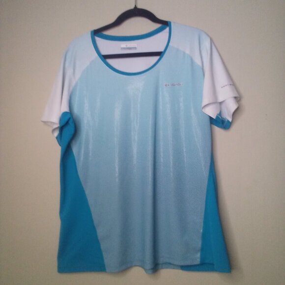 Columbia Shirt Women 1X Short Sleeve Active Athletic Omni-Shade Blue Teal White - Picture 1 of 16